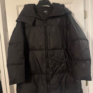 ZARA Black Hooded Quilted Puffer Coat